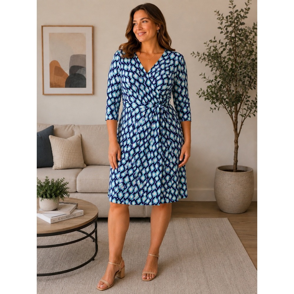 Leota Faux Wrap Dress Women XL Blue Purple Geometric Mod Stretchy Career